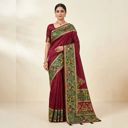 Green And Maroon Satin Silk Pattachitra Print Saree For Women