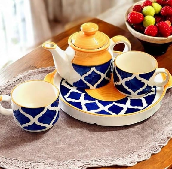 Ruvi Ceramic Hand-Painted Ceramic Tea Set with Moroccan Design Traditional Artisan Crafted Teapot and Cups Set of 2 - Unique Kitchenware | Perfect for Tea, Coffee, and Hot Beverages (Mustard Blue)