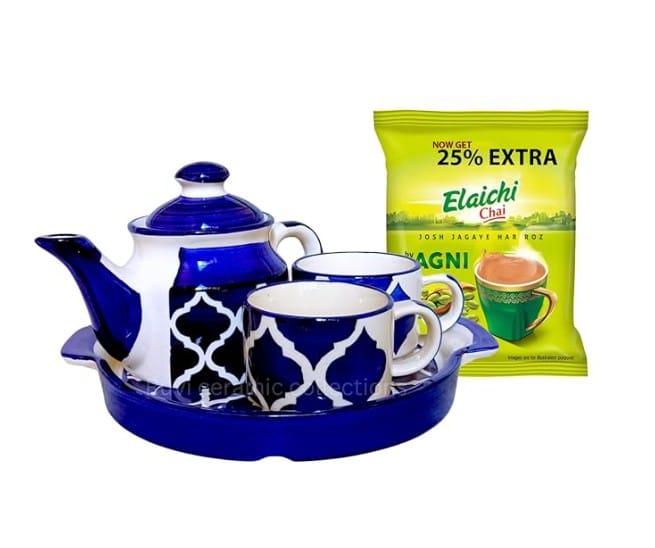 Ruvi Ceramic Hand Painted TeaPot Stoneware Ceramic Tea Kettle Set with 2 Cups(180ml), 1 Kettle(600ml)& 1 Tray/ceramic Good Morning Set | Chip n Heat Resistant | Multi-Coloured (Blue Shine Set of 1)