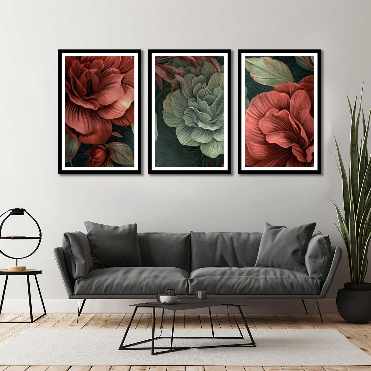 BEGONIA 3 PIECE FLOWER ART 48in X 24in WITH BLACK FRAME