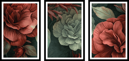 BEGONIA 3 PIECE FLOWER ART 48in X 24in WITH BLACK FRAME