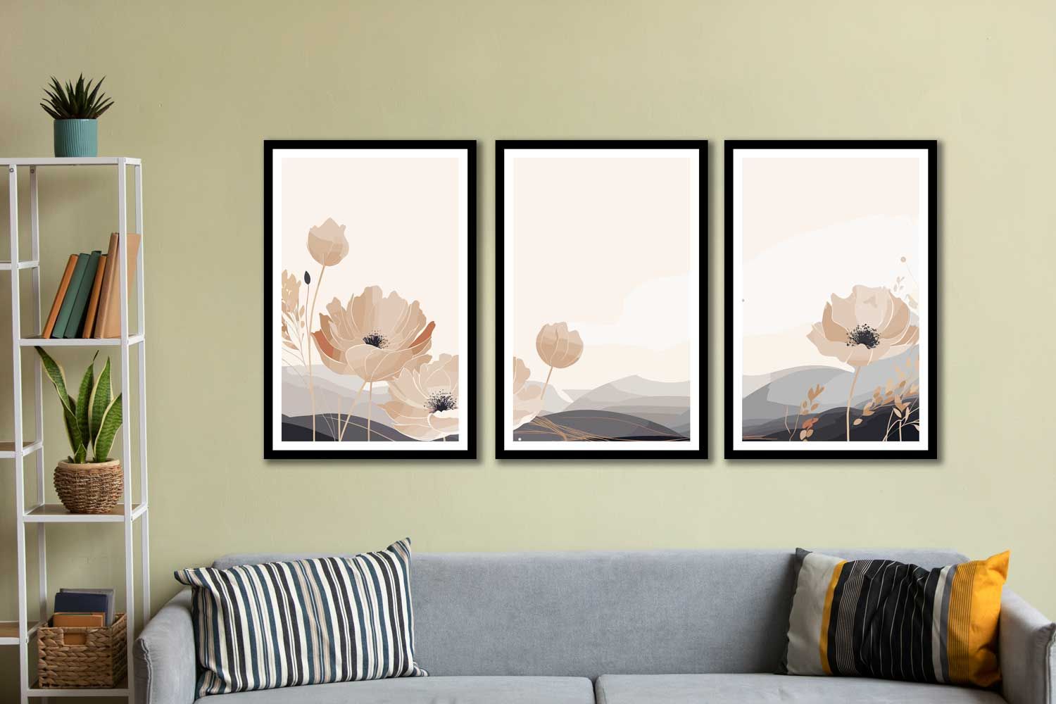 SET OF 3 MINIMALIST FLORAL PRINTS 48in X 24in  WITH BLACK FRAME