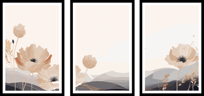 SET OF 3 MINIMALIST FLORAL PRINTS 48in X 24in  WITH BLACK FRAME