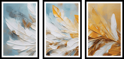 SET OF 3 MODERN ABSTRACT FEATHERS WALL ART 48in X 24in WITH BLACK FRAME