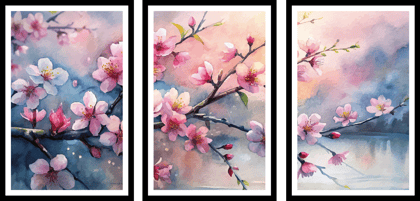 SET OF 3 VIBRANT CHERRY BLOSSOM 48in X 24in WITH BLACK FRAME