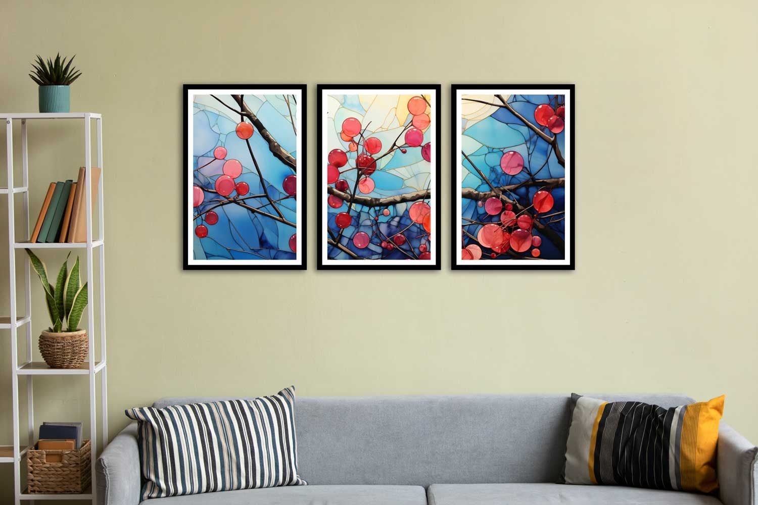 SET OF 3 ABSTRACT FLOWER PAINTINGS 48in X 24in WITH BLACK FRAME