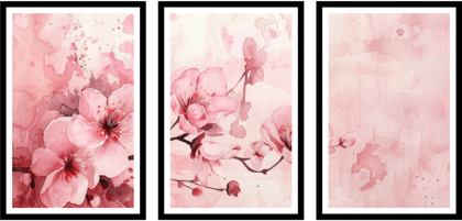 PINK DELICANT 3 PIECE PAINTING OF FLOWER 48in X 24in WITH BLACK FRAME