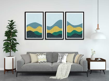 SET OF 3 GEOMETRIC LANDSCAPE PAINTINGS 48in X 24in WITH BLACK FRAME SET OF 3 GEOMETRIC LANDSCAPE PAINTINGS 48in X 24in WITH BLACK FRAME