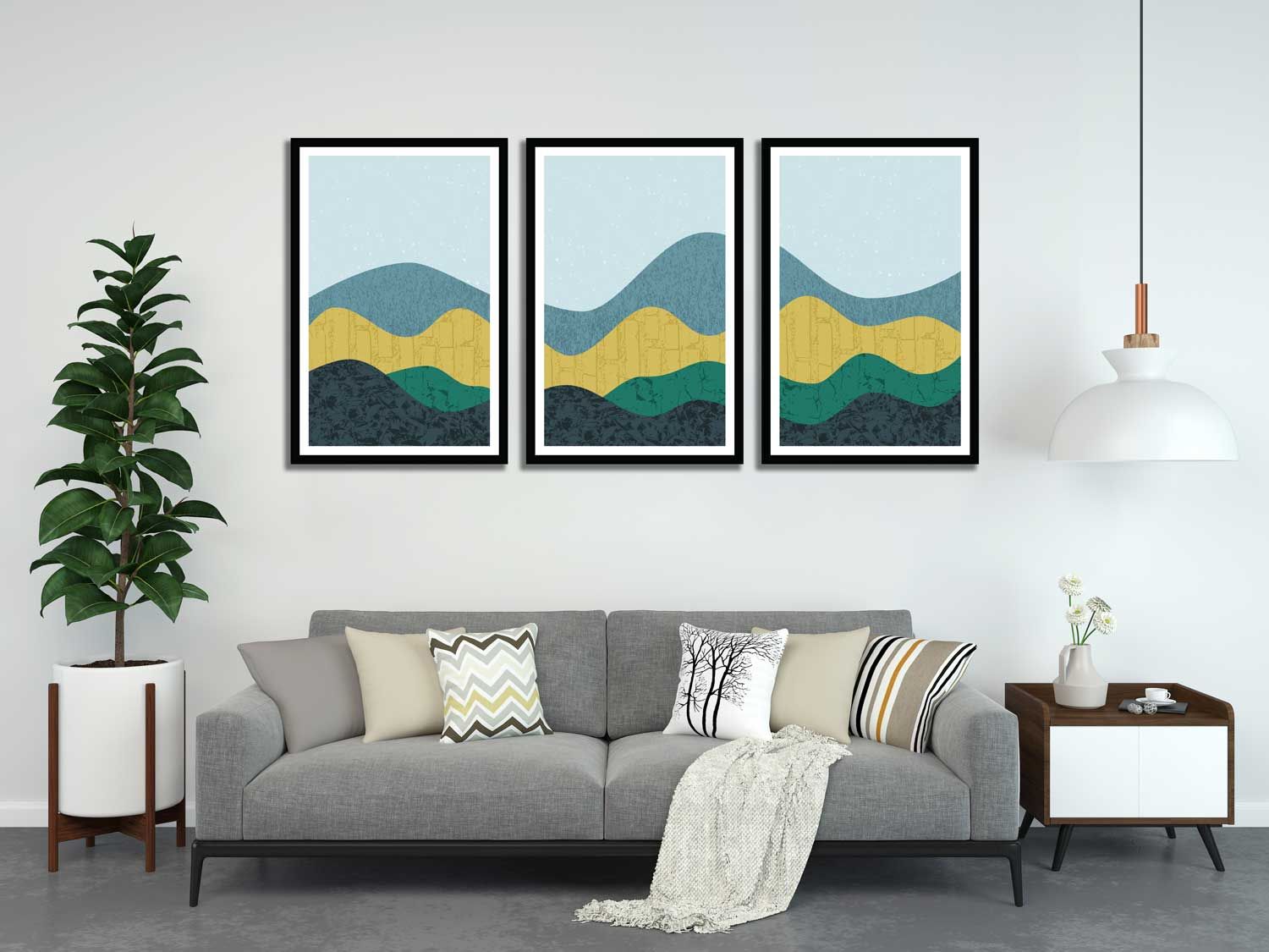 SET OF 3 GEOMETRIC LANDSCAPE PAINTINGS 48in X 24in WITH BLACK FRAME
