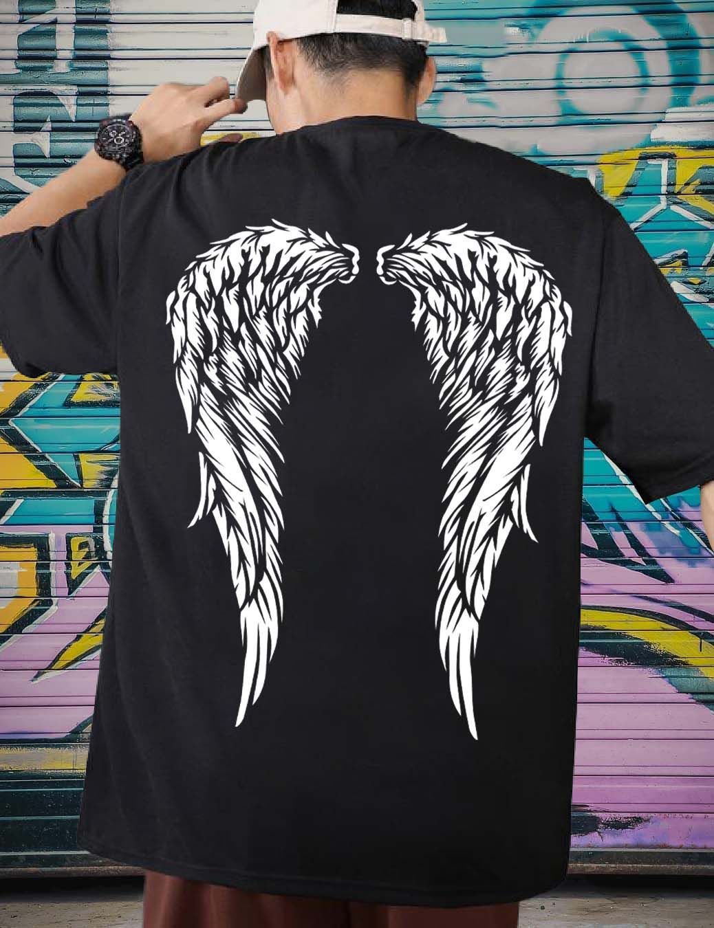 SCOTT FINCHER Men's Black T-Shirt with White Angel Wings Graphic : AA(ARN)BLACK_179