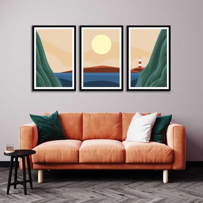OCEAN VIEW 3 PIECE FRAME 48in X 24in WITH BLACK FRAME OCEAN VIEW 3 PIECE FRAME 48in X 24in WITH BLACK FRAME