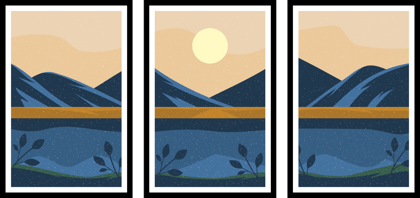 SET OF 3 MINIMALIST LANDSCAPE WALL ART 48in X 24in WITH BLACK FRAME