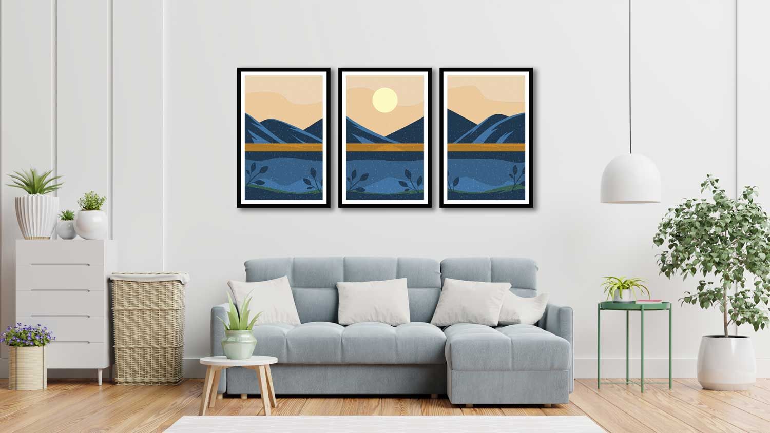 SET OF 3 MINIMALIST LANDSCAPE WALL ART 48in X 24in WITH BLACK FRAME