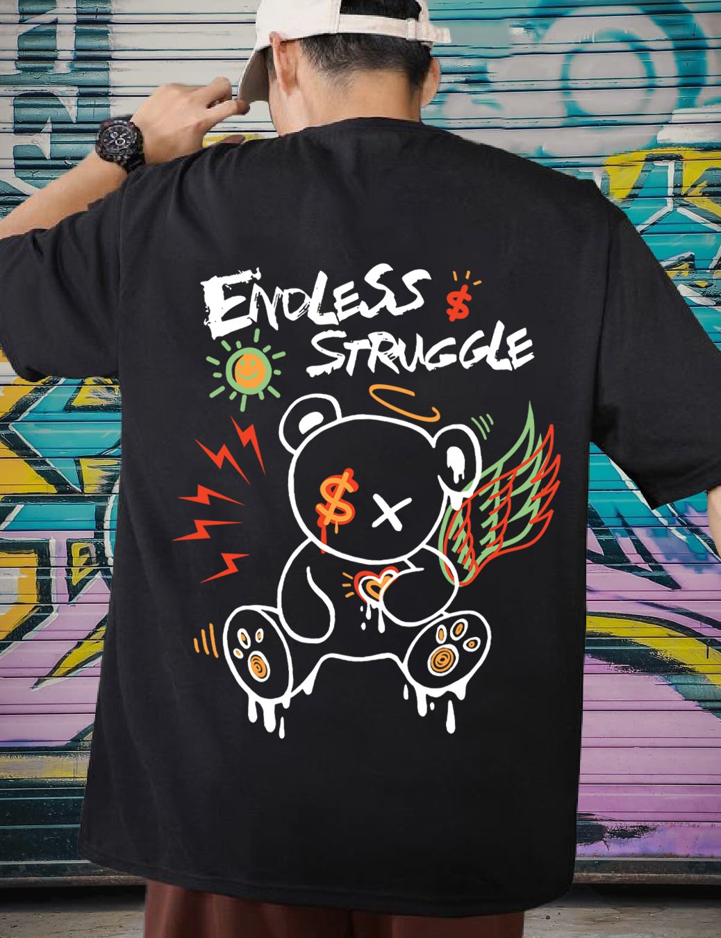 SCOTT FINCHER Men's Casual Short Sleeve T-Shirt with Bear Graphic and "Endless Struggle" Wording : AA(ARN)BLACK_213
