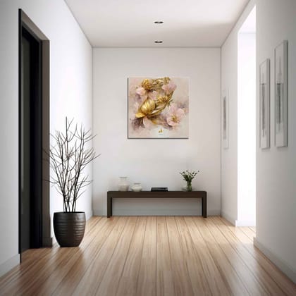 PINK AND GOLD FLORAL CANVAS WALL ART 24in X 24in WITH BLACK FRAME