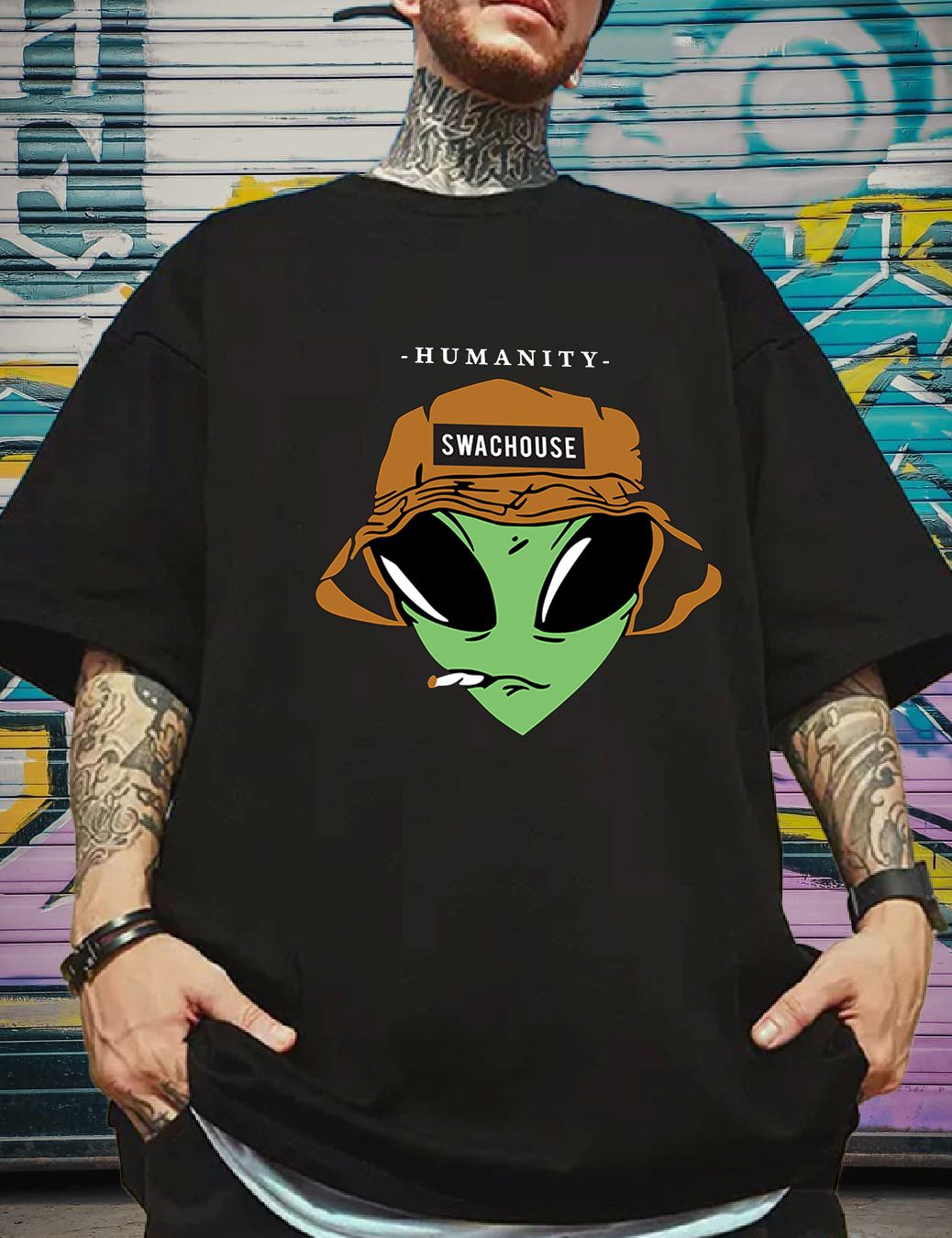 SCOTT FINCHER Men's Graphic Tee Shirt, Alien Smoking Weed, Humanity, Swachouse : AA(ARN)BLACK_233