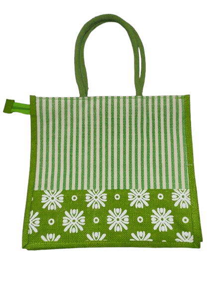 Green and White Striped Jute Tote Bag with Floral Print