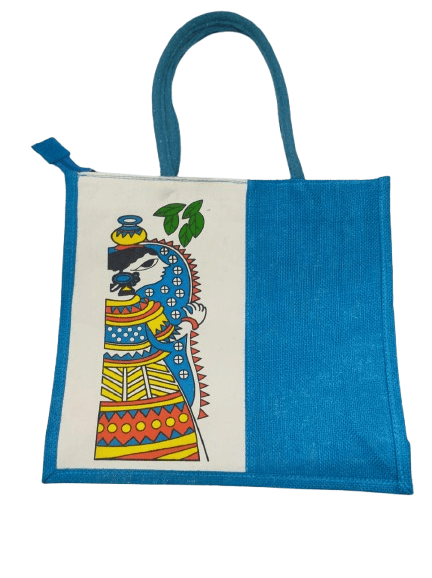 Eco-friendly Cotton Jute Tote Bag with Warli Painting - Blue - Handbags | Buy online on ZillyBuy