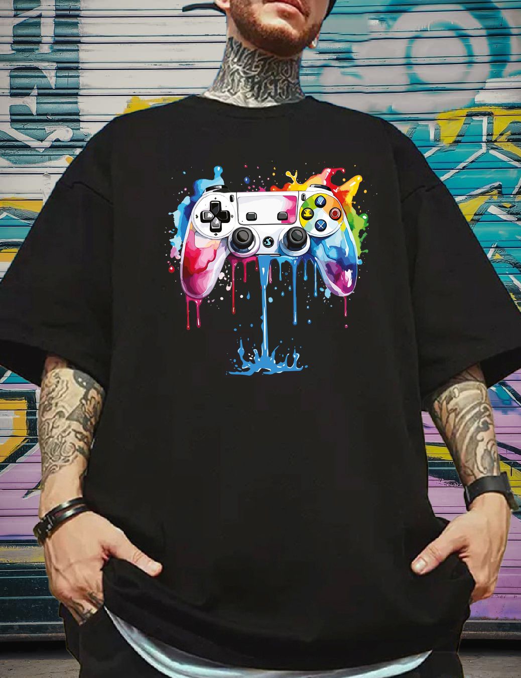SCOTT FINCHER Men's Streetwear Hip Hop T-Shirt with Colorful Video Game Controller Design : AA(ARN)BLACK_245