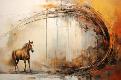 GALLOPING GOLDEN HORSE PAINTING 24in X 16in WITH BLACK FRAME