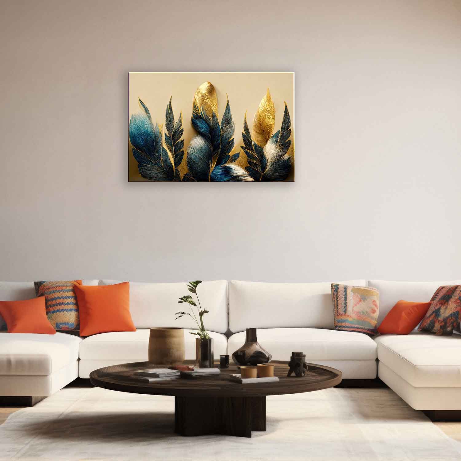 BLUE AND GOLD LEAF WALLART 24in X 16in WITH BLACK FRAME