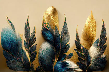 BLUE AND GOLD LEAF WALLART 24in X 16in WITH BLACK FRAME