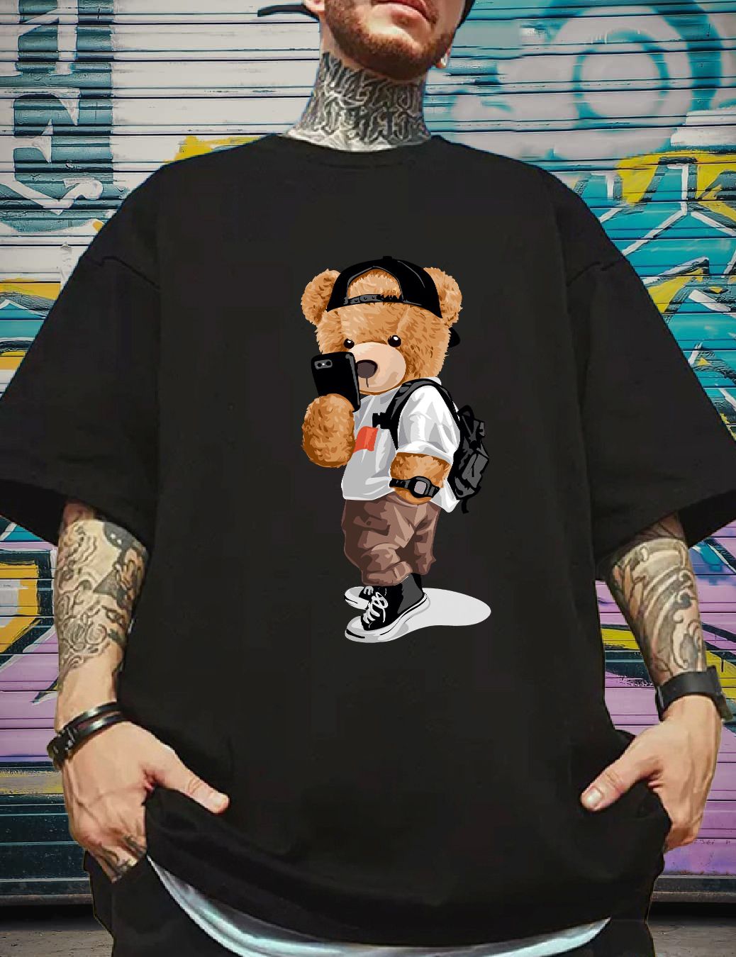 SCOTT FINCHER Men's Streetwear Hip Hop T-Shirt with Bear Graphic, Short Sleeve Cotton Tee Shirt, Casual Loose Fit Tshirt : AA(ARN)BLACK_253