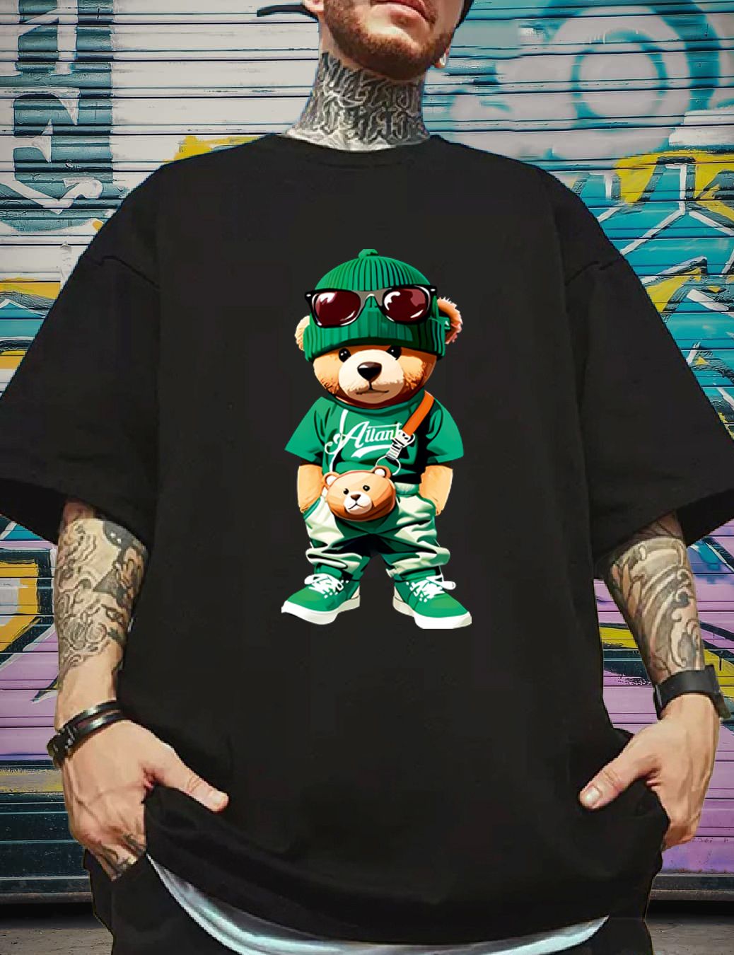 SCOTT FINCHER Men's Streetwear T-Shirt with Bear Graphic : AA(ARN)BLACK_254