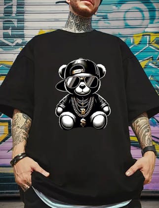 SCOTT FINCHER Men's Black T-Shirt with Cartoon Bear Graphic : AA(ARN)BLACK_255