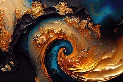 BLUE AND GOLD ABSTRACT CANVAS WALLART 24in X 16in WITH BLACK FRAME