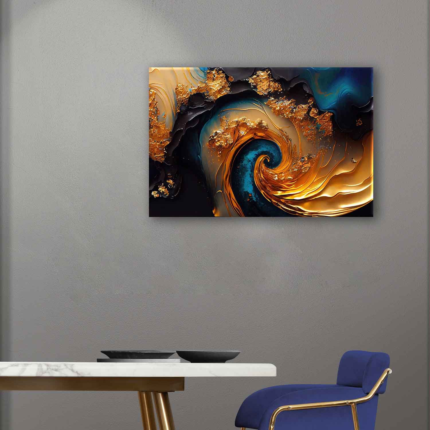 BLUE AND GOLD ABSTRACT CANVAS WALLART 24in X 16in WITH BLACK FRAME