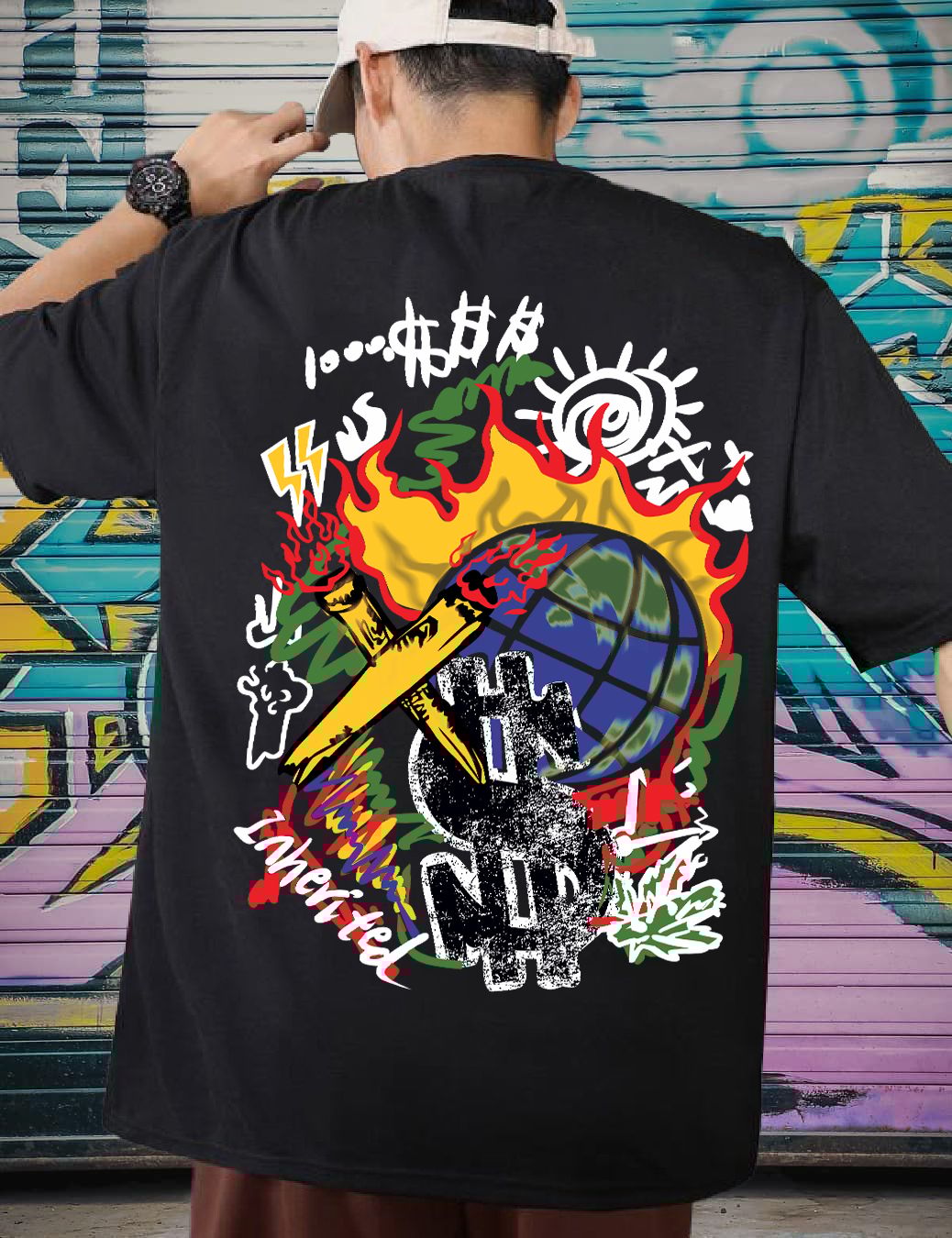 SCOTT FINCHER Men's Streetwear T-shirt with Flame and Money Graphic : AA(ARN)BLACK_272