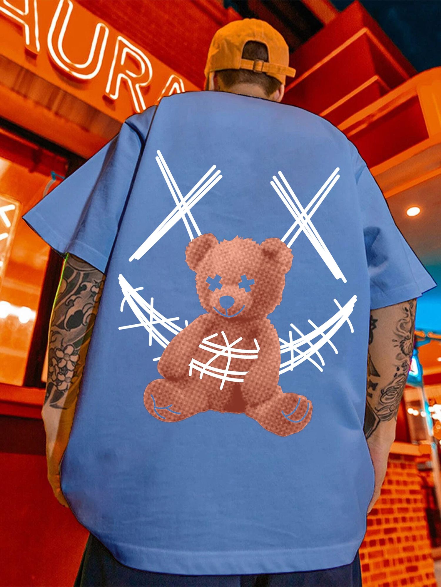 SCOTT FINCHER Men's Blue Streetwear T-Shirt with Distressed Teddy Bear Graphic :  AA(ARN)BLUE_08