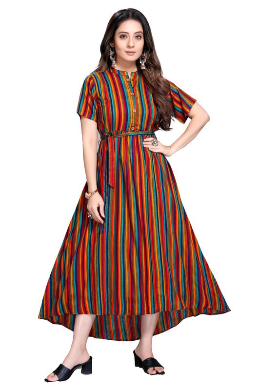 Women's Casual 3/4 Sleeve Viscose Rayon Strip Kurti (Multicolor, L)-PID46375