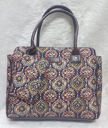 Multicolour Cotton Azrak Print Jute Tote Bag with Complimentary Pouch
