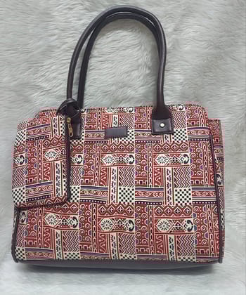 Cotton Azrak Printed brick red Jute Tote Bag with Complimentary Pouch