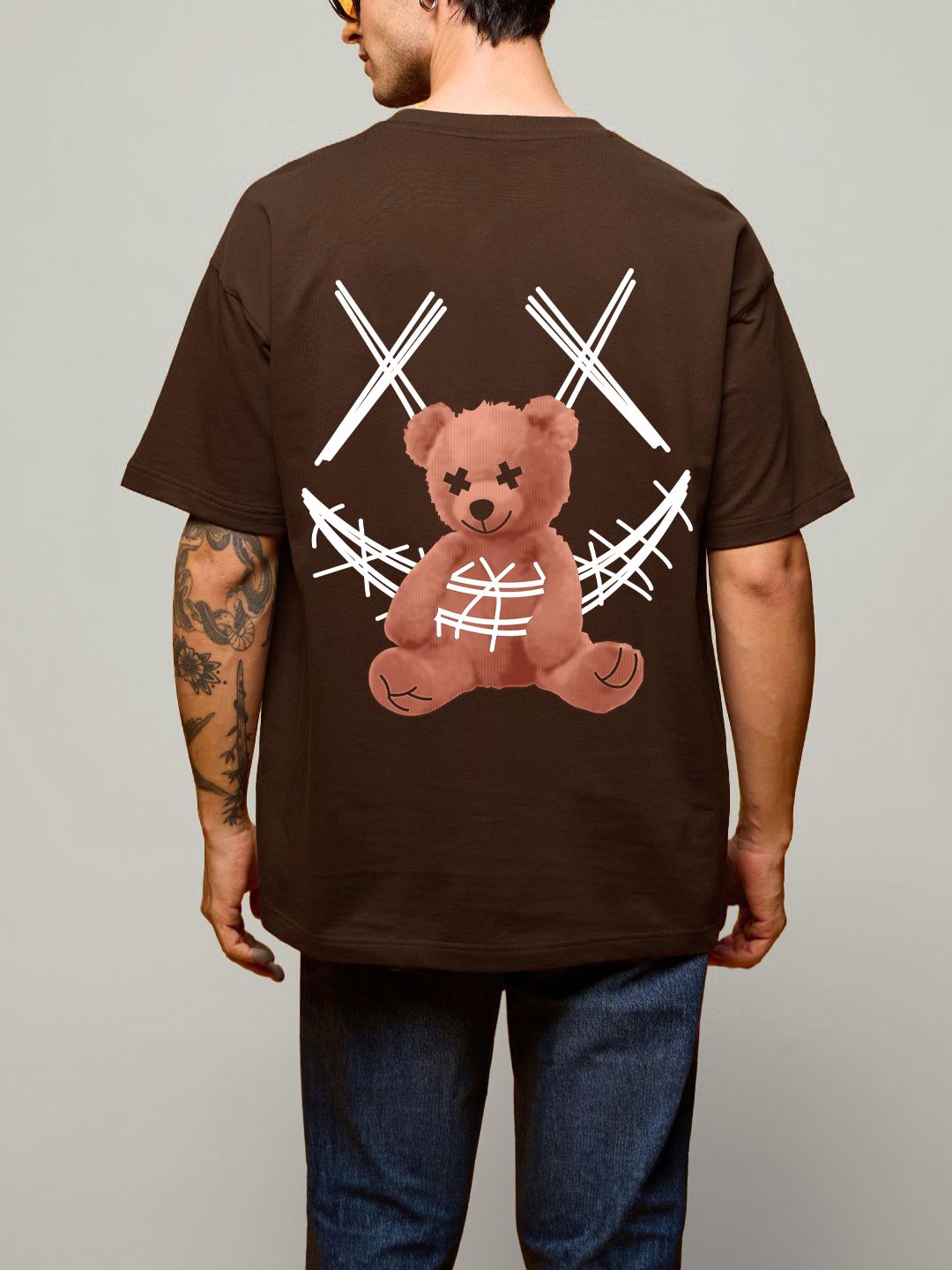 SCOTT FINCHER Men's Brown T-Shirt with Distressed Teddy Bear Graphic Print : AA(ARN)BROWN_08