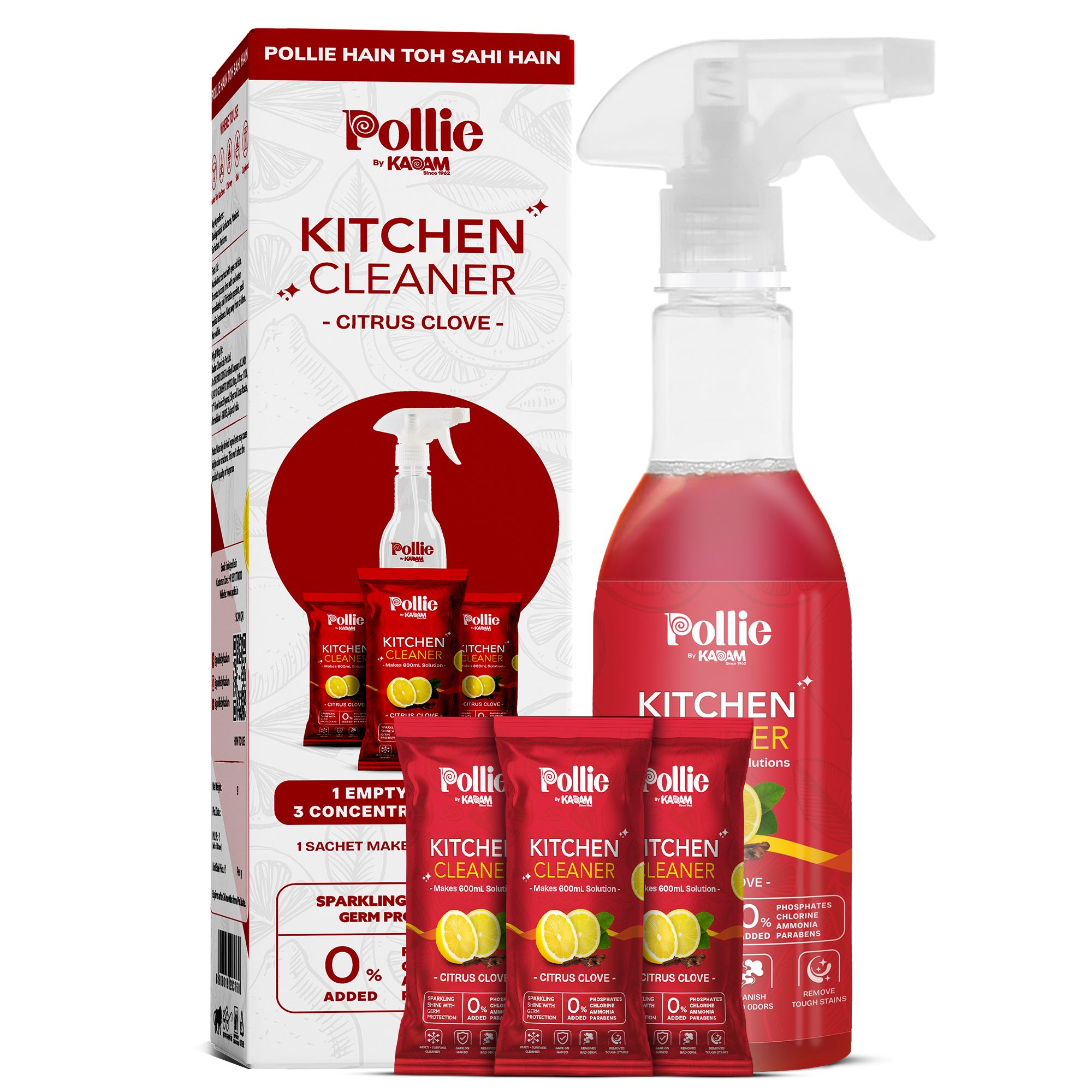 Pollie Kitchen Cleaner | Powerful Grease & Stain Remover for Indian Kitchens | Multi-Surface Use on Chimneys, Stovetops, Countertops & Appliances (Makes 1.8L)