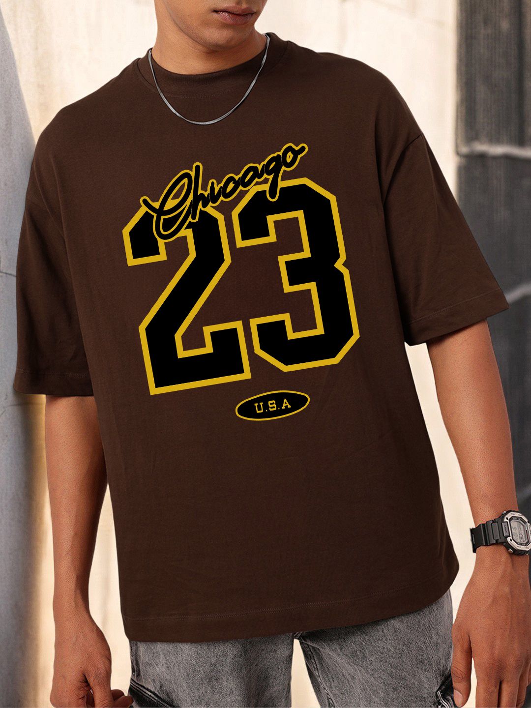 SCOTT FINCHER Men's Casual Loose Fit Short Sleeve T-Shirt, Retro Chicago 23 USA Print Tee Shirt, Hip Hop Streetwear Tops : AA(ARN)BROWN_224