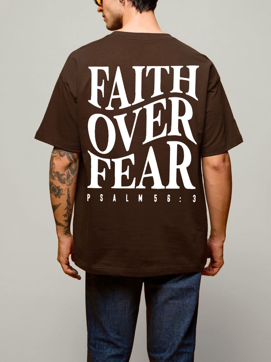 SCOTT FINCHER Men's T-Shirt "FAITH OVER FEAR" - Psalm 56:3 -  Brown : AA(ARN)BROWN_227