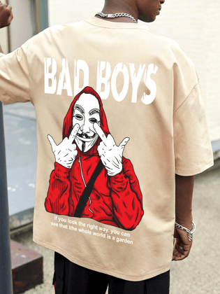 SCOTT FINCHER Men's Oversized "BAD BOY" Graphic Printed T-shirt : AA(ARN)CREAM_117 SCOTT FINCHER Men's Oversized "BAD BOY" Graphic Printed T-shirt : AA(ARN)CREAM_117
