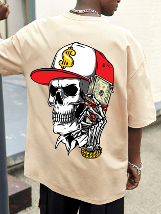 SCOTT FINCHER Men's Casual Hip Hop T-Shirt with Skull Graphic and Money Print : AA(ARN)CREAM_196