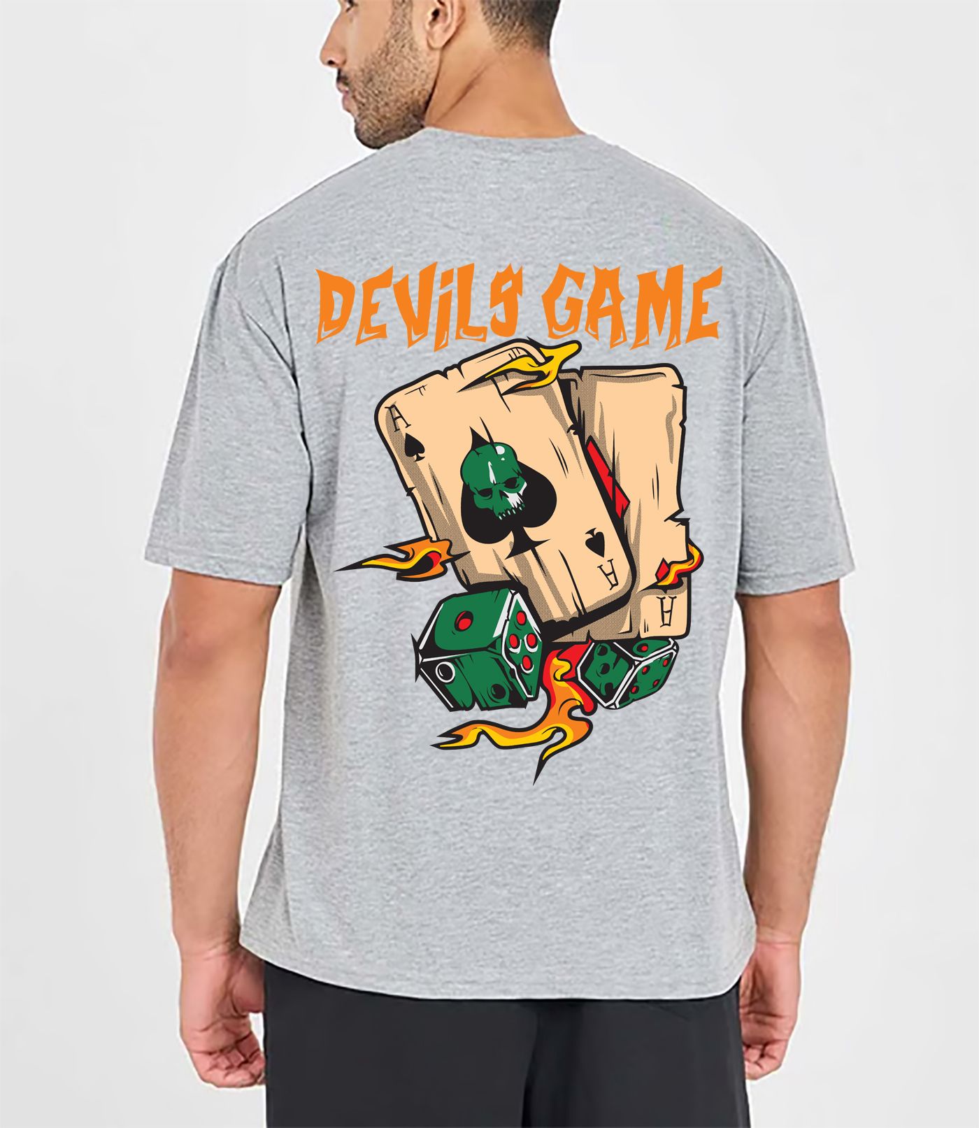 SCOTT FINCHER Men's Graphic T-Shirt "Devil's Game" with flaming card suits and dice : AA(ARN)GREY_139