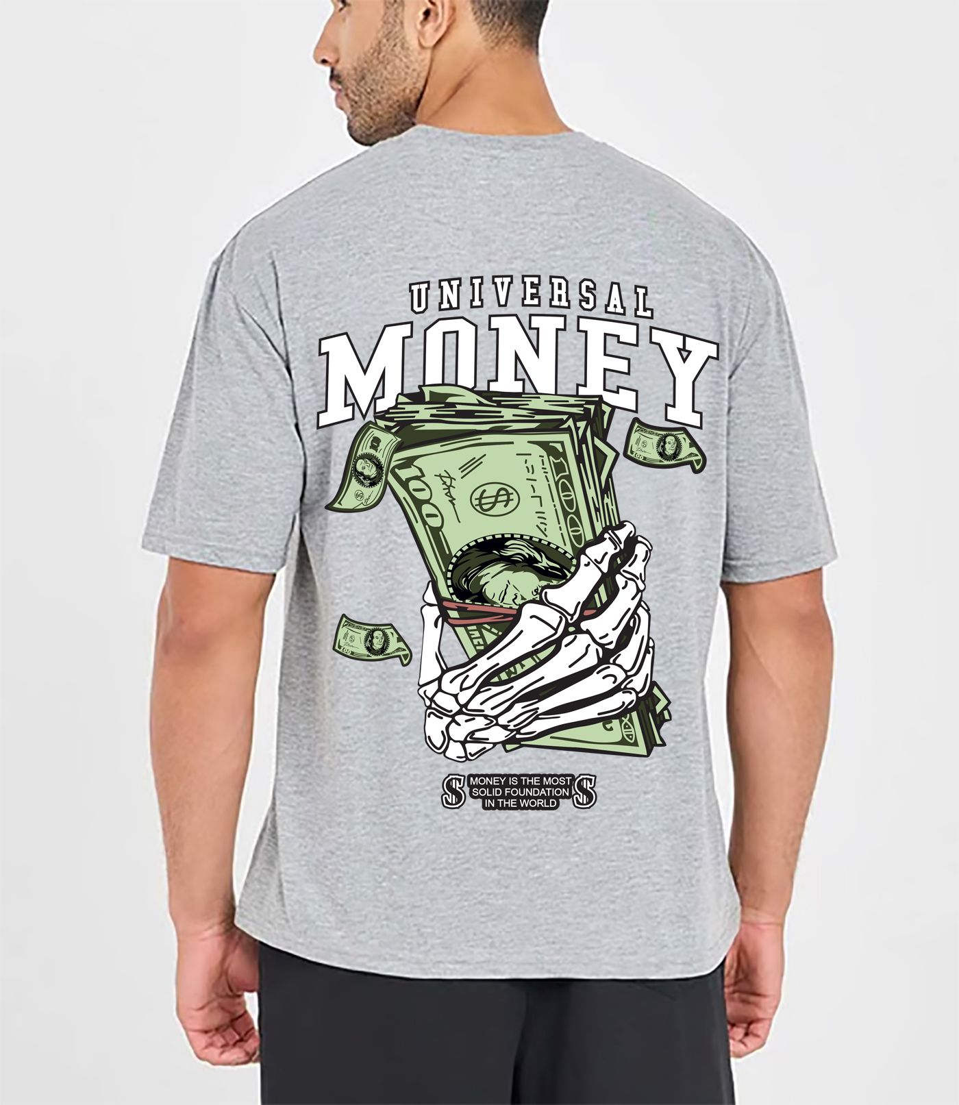 SCOTT FINCHER T-Shirt Featuring a Unique Design of a Hand Holding Money and the Words "Universal Money" : AA(ARN)GREY_220