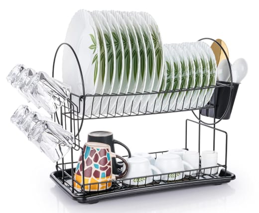 2 Tier Black Dish Drainer Rack with Drip Tray, Stainless Steel Draining Dish Rack Drainer with Draining Board and Utensils Holder, Dish Drying Rack Kitchen Drainer (Black)