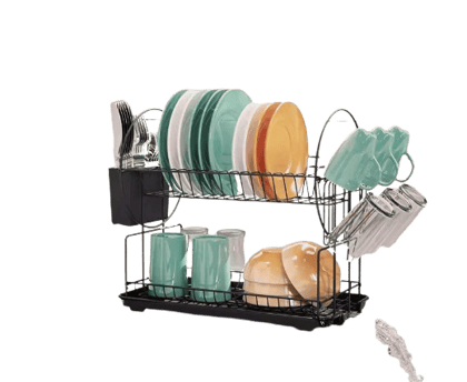 2 Tier Black Dish Drainer Rack with Drip Tray, Stainless Steel Draining Dish Rack Drainer with Draining Board and Utensils Holder, Dish Drying Rack Kitchen Drainer (Black)