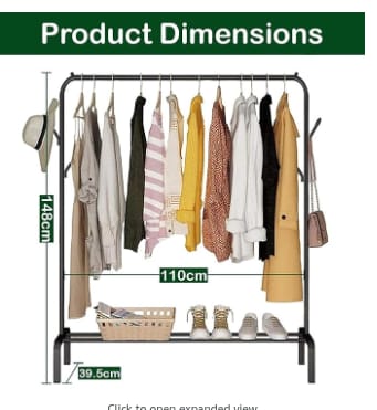 Versatile Cloth Stand – Freestanding Metal Garment Rack with Bottom Shelves & Coat Hanger – Sturdy Clothes Organizer for Bedroom, Entryway, Laundry