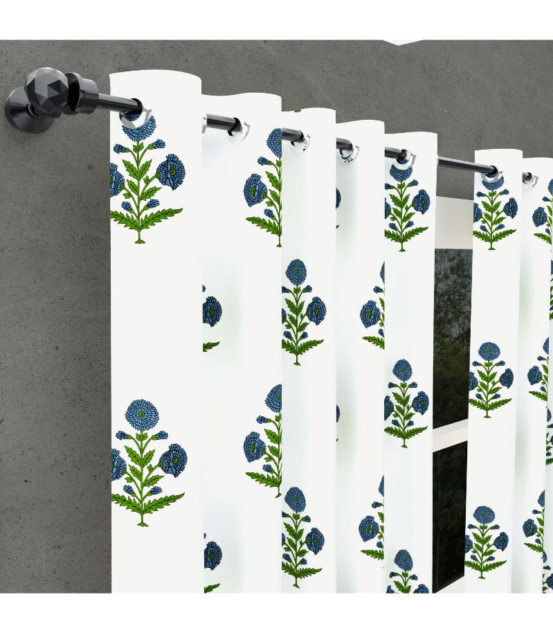 Jaipuri Aachho Block Print Curtains Blue Floral Elegance in Cotton( 9 Feet )