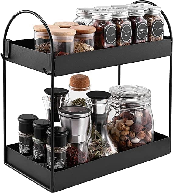 2-Tier Standing Rack | Bathroom Countertop Organizer | Vanity Tray | Cosmetic- Makeup Storage | Kitchen Spice Rack | Corner Shelf (Black, Metal, Pack of 1)