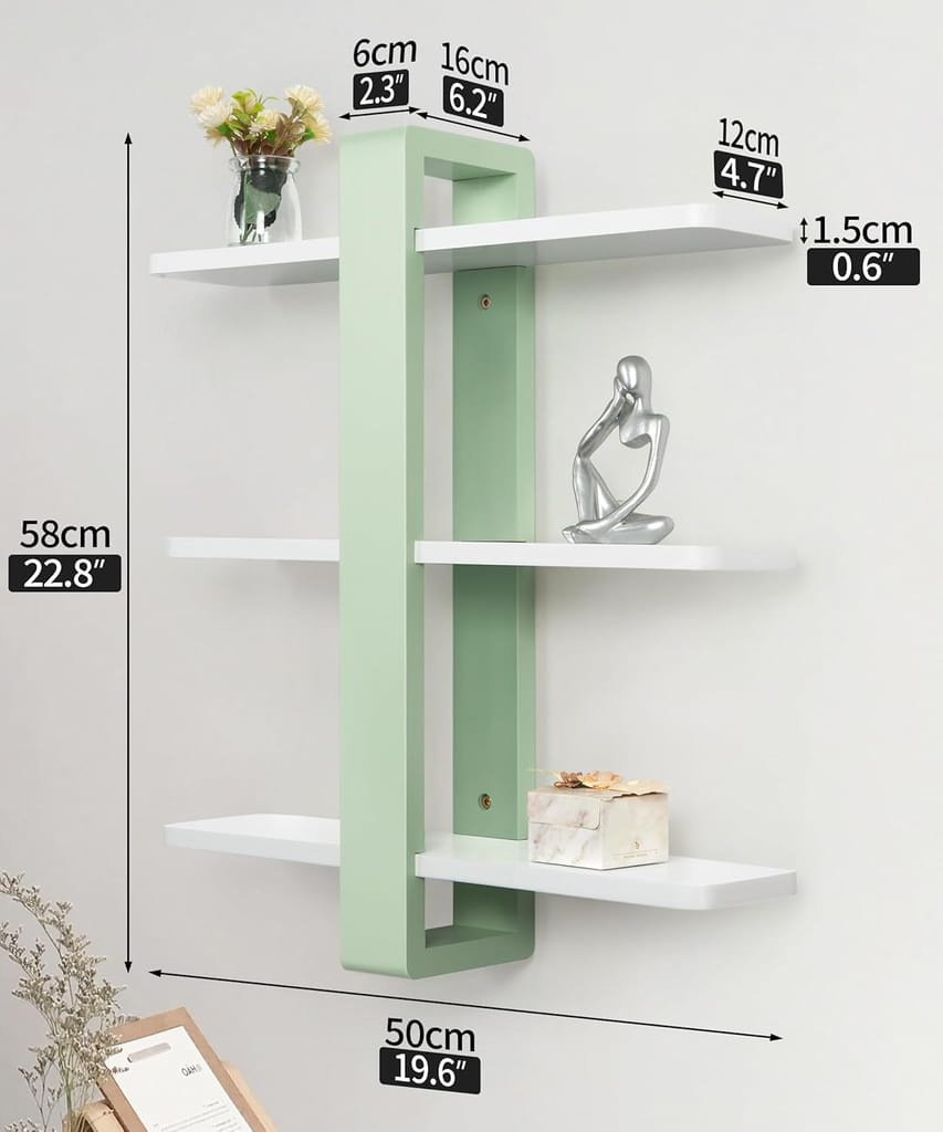 Floating Wall Shelves 3-Tier Mounted Shelving Unit; Large Decorative Shelf for Home Storage, Ideal for Plants and Photos in Bedroom, Living Room, or Office-Mint Green&White